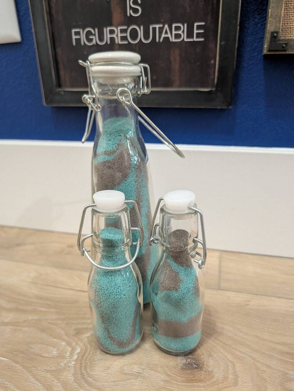 Set of 3 Turquoise Grey Sand Art Glass Bottles Swing Top Coastal Boho Decor